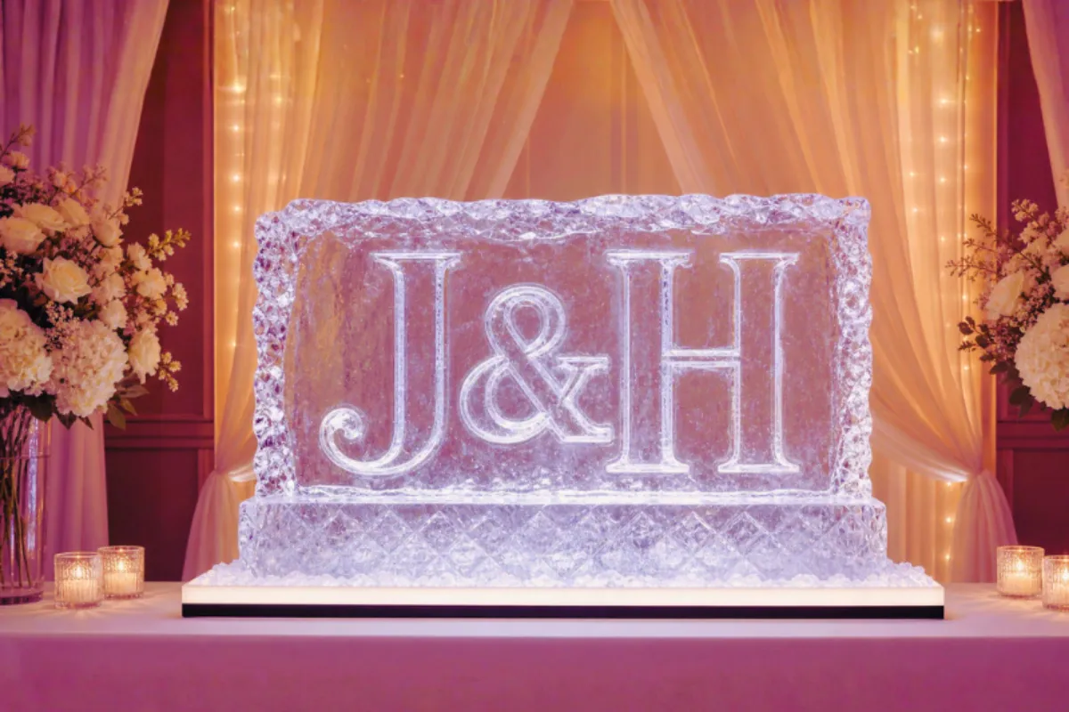Elegant branded ice installation featuring illuminated initials ‘J & H’ carved into a rectangular ice block, perfect for custom logo and monogram ice displays at weddings and corporate events in Melbourne.