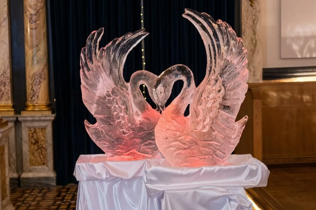 Romantic double swan ice sculpture with soft pink lighting, used as an elegant decorative event piece for weddings, engagements and formal celebrations in Melbourne.