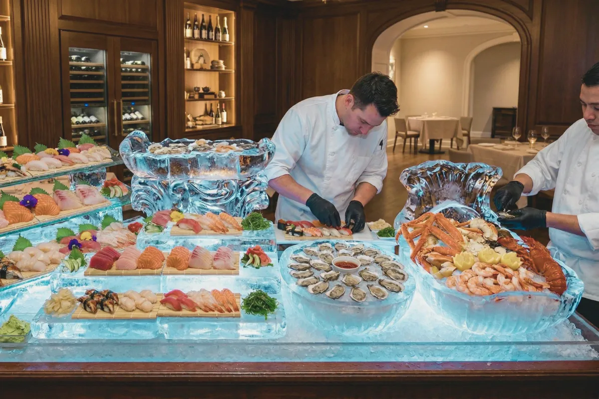 Chefs preparing a premium seafood bar display on illuminated ice buffet trays, featuring oysters, prawns, crab and sashimi for an upscale seafood bar catering service in Melbourne.